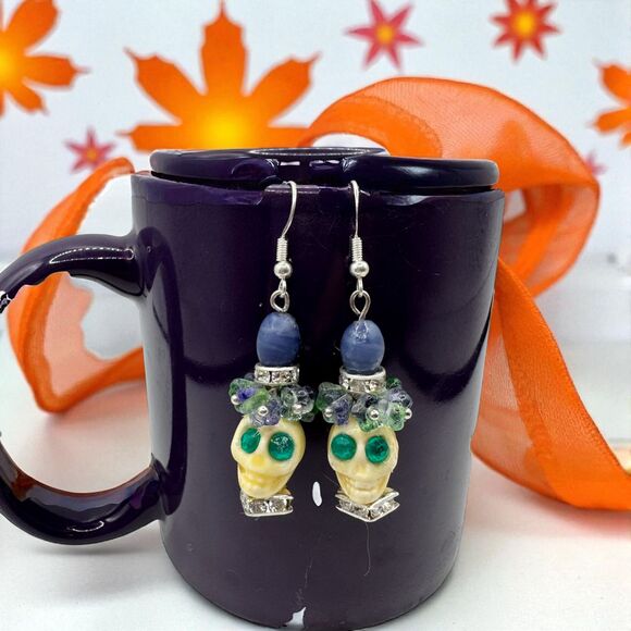 Yellow Skull Day of the Dead Dia de los Muertos Earrings Mexican Halloween Women - Picture 1 of 7
